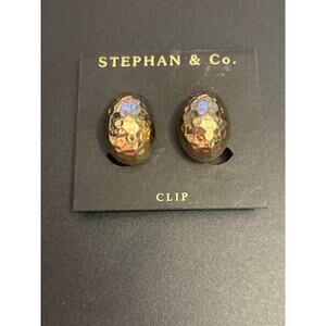 Vintage Stephan & Co Amber Cabochon Oval Clip Earrings Gold Tone